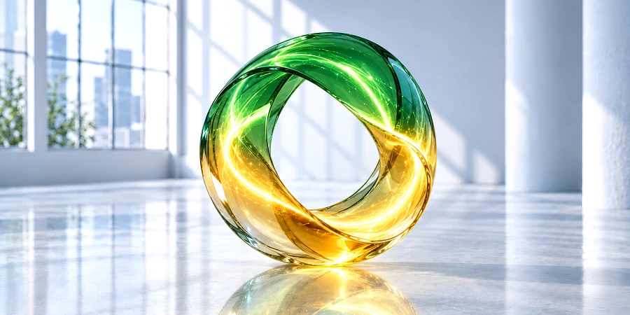 Leuchtender Glasring in Grün und Gold als Symbol für den Kreislauf aus Kapital, KI-Infrastruktur, Wachstumserwartungen und neuer Finanzierung. KI-generiertes Bild