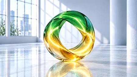 Leuchtender Glasring in Grün und Gold als Symbol für den Kreislauf aus Kapital, KI-Infrastruktur, Wachstumserwartungen und neuer Finanzierung.