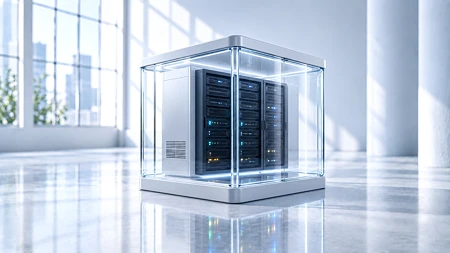 Gläserner Serverkubus mit dunklen Servermodulen und Status-LEDs als Symbol für Datenkontrolle und digitale Souveränität.