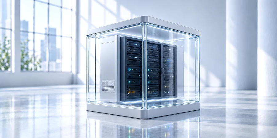 Gläserner Serverkubus mit dunklen Servermodulen und Status-LEDs als Symbol für Datenkontrolle und digitale Souveränität. KI-generiertes Bild