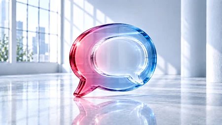 Gläserne, rot-blaue Sprechblase mit innerer Echoform in einem hellen Loft: Symbol für künstliche Nähe und KI-Companions gegen Einsamkeit.