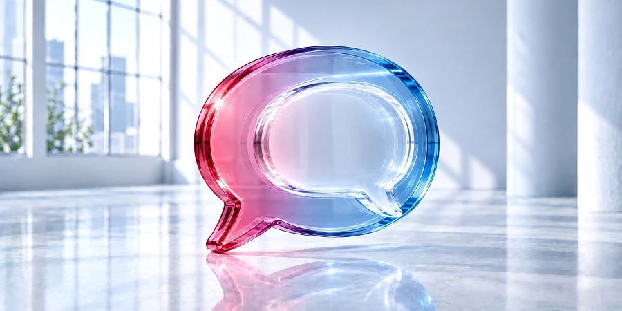Gläserne, rot-blaue Sprechblase mit innerer Echoform in einem hellen Loft: Symbol für künstliche Nähe und KI-Companions gegen Einsamkeit. KI-generiertes Bild