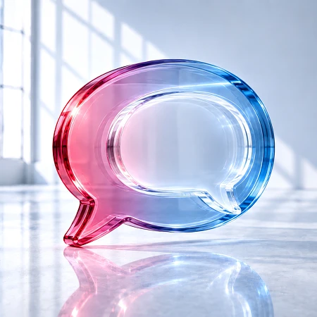 Gläserne, rot-blaue Sprechblase mit innerer Echoform in einem hellen Loft: Symbol für künstliche Nähe und KI-Companions gegen Einsamkeit.