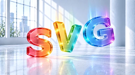 Gläserne SVG-Buchstaben in Regenbogenfarben; V und G fallen dynamisch in einen blau-grauen Loft.