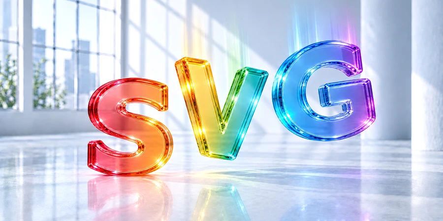 Gläserne SVG-Buchstaben in Regenbogenfarben; V und G fallen dynamisch in einen blau-grauen Loft. KI-generiertes Bild