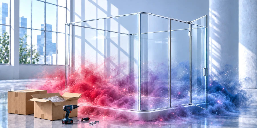 Gläserner Schrank im Aufbau, umgeben von Werkzeug, Kartons und rot-blauem Glitzernebel – Sinnbild für die Programmierung eines eigenen MCP-Servers. KI-generiertes Bild