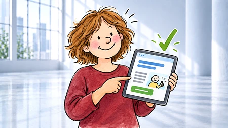 Illustration einer lächelnden Person mit rötlichem Haar, die auf ein Tablet mit einem grünen Häkchen zeigt.
