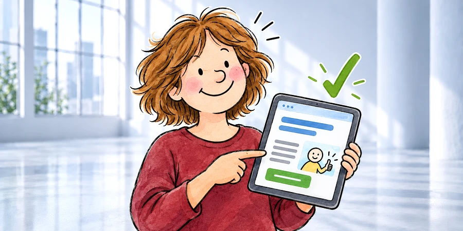 Illustration einer lächelnden Person mit rötlichem Haar, die auf ein Tablet mit einem grünen Häkchen zeigt. KI-generiertes Bild