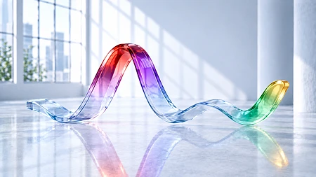 Eine wellenförmige, transparente Glasskulptur mit bunten Farbverläufen von Rot über Violett bis Gelb auf einem reflektierenden Boden.