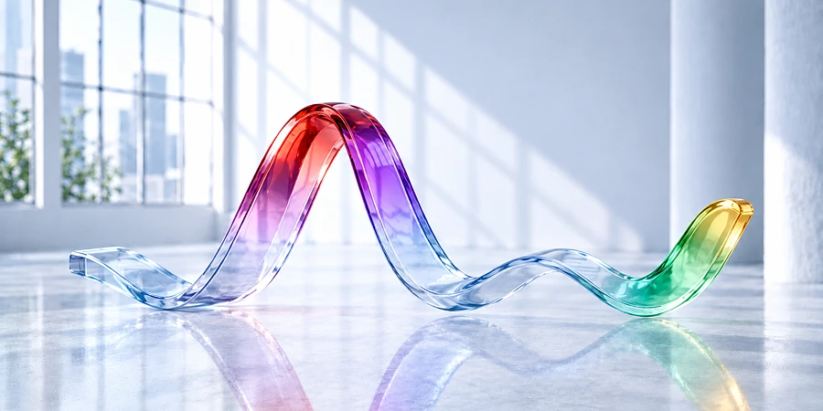 Eine wellenförmige, transparente Glasskulptur mit bunten Farbverläufen von Rot über Violett bis Gelb auf einem reflektierenden Boden. KI-generiertes Bild