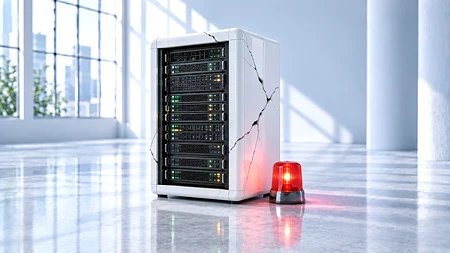 Weiß glänzender Serverschrank mit Rissen im Gehäuse und leuchtenden Statusanzeigen im hellen Loft. Daneben steht eine rote Warnleuchte – ein Sinnbild für eine gehackte Website, die trotz unbemerkter Kompromittierung scheinbar normal weiterläuft.