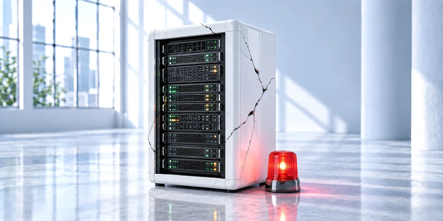 Weiß glänzender Serverschrank mit Rissen im Gehäuse und leuchtenden Statusanzeigen im hellen Loft. Daneben steht eine rote Warnleuchte – ein Sinnbild für eine gehackte Website, die trotz unbemerkter Kompromittierung scheinbar normal weiterläuft. KI-generiertes Bild