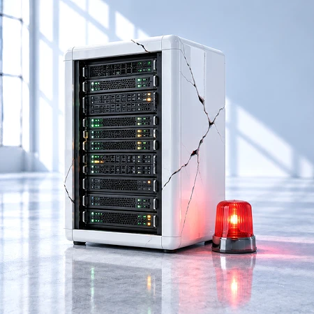 Weiß glänzender Serverschrank mit Rissen im Gehäuse und leuchtenden Statusanzeigen im hellen Loft. Daneben steht eine rote Warnleuchte – ein Sinnbild für eine gehackte Website, die trotz unbemerkter Kompromittierung scheinbar normal weiterläuft.